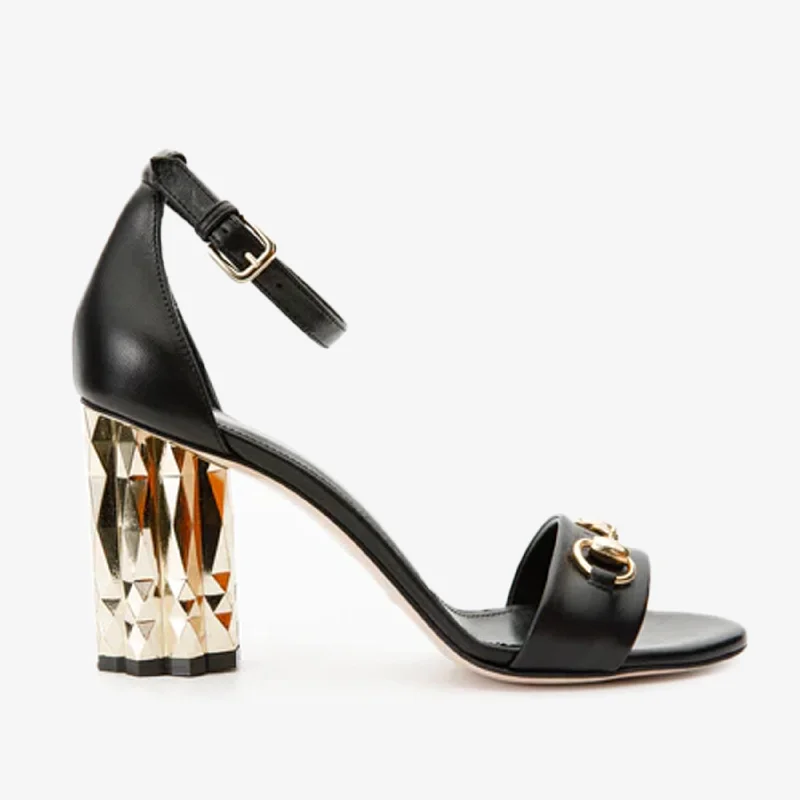 The Avlonya Block Heel Black Leather Ankle Strap Women Sandal