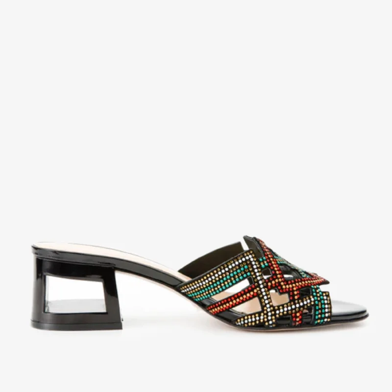 The Palma Black Glitter Leather Block Heel Women Sandal