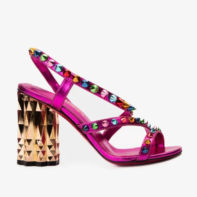 The Caris Fuchsia Block Heel Spike Leather Women Sandal