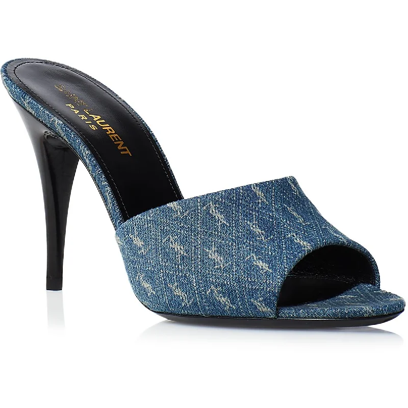 Saint Laurent Womens JACQUARD  Denim Almond toe Mule Sandals